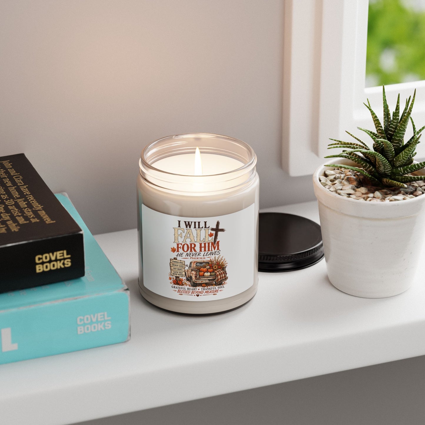 Fall For Him Soy Candle — "He Never Leaves" Psalm 94:14, Autumn Pumpkin & Cozy Spice 9oz