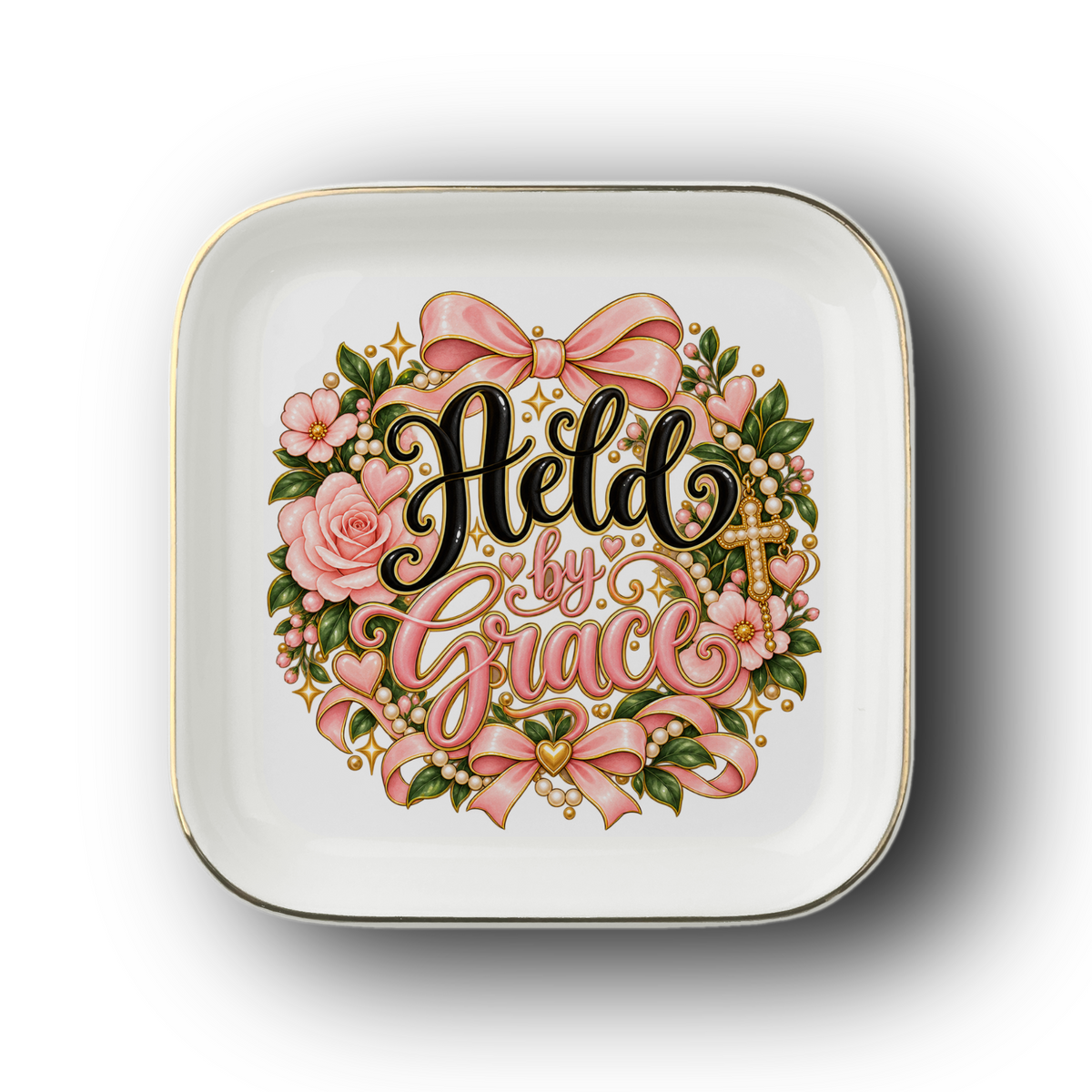 Held by Grace Jewelry Dish | Christian Ring Dish | Faith Trinket Tray | Gift for Her | Pink Floral Jewelry Dish