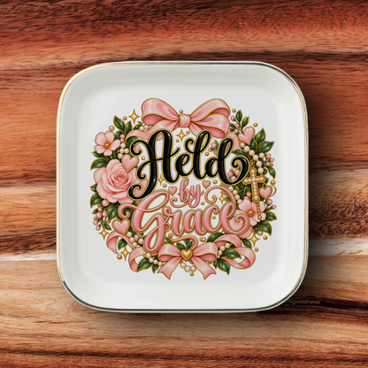 Held by Grace Jewelry Dish | Christian Ring Dish | Faith Trinket Tray | Gift for Her | Pink Floral Jewelry Dish