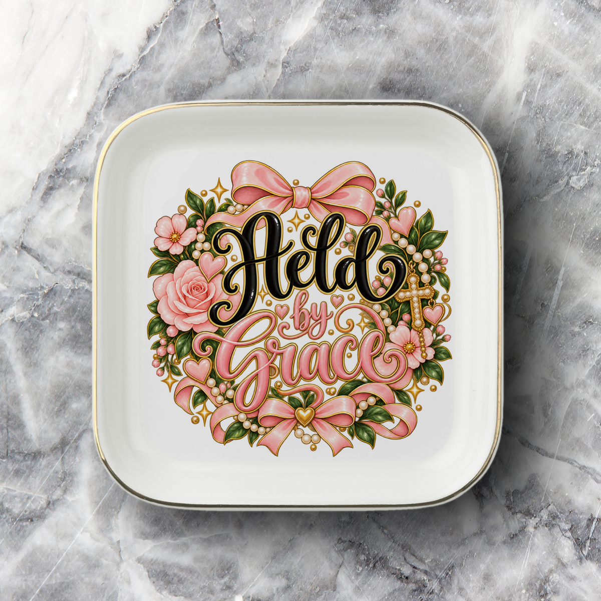 Held by Grace Jewelry Dish | Christian Ring Dish | Faith Trinket Tray | Gift for Her | Pink Floral Jewelry Dish