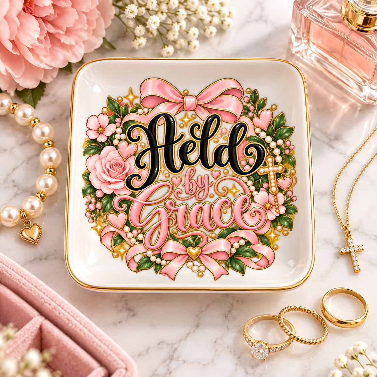 Held by Grace Jewelry Dish | Christian Ring Dish | Faith Trinket Tray | Gift for Her | Pink Floral Jewelry Dish