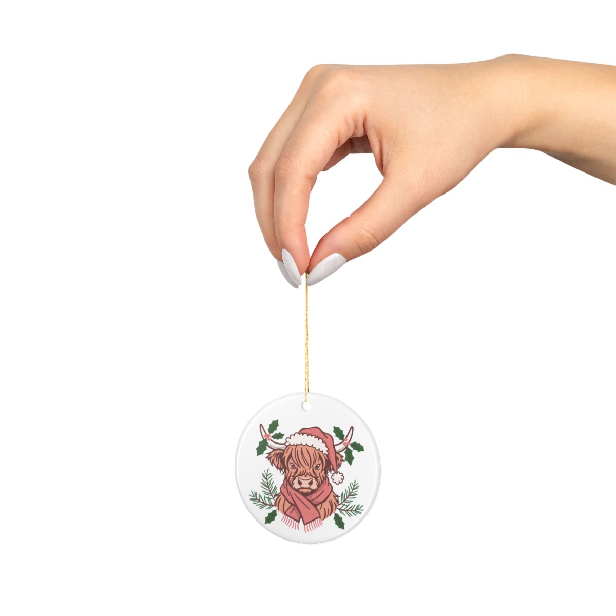 Highland Cow Christmas Ornament, Santa Hat Cow with Holiday Greenery, Farmhouse Christmas Decor, Cow Lover Gift