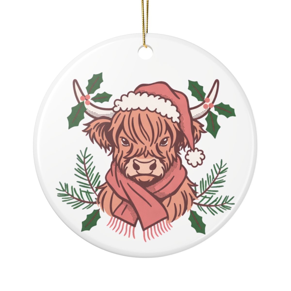 Highland Cow Christmas Ornament, Santa Hat Cow with Holiday Greenery, Farmhouse Christmas Decor, Cow Lover Gift
